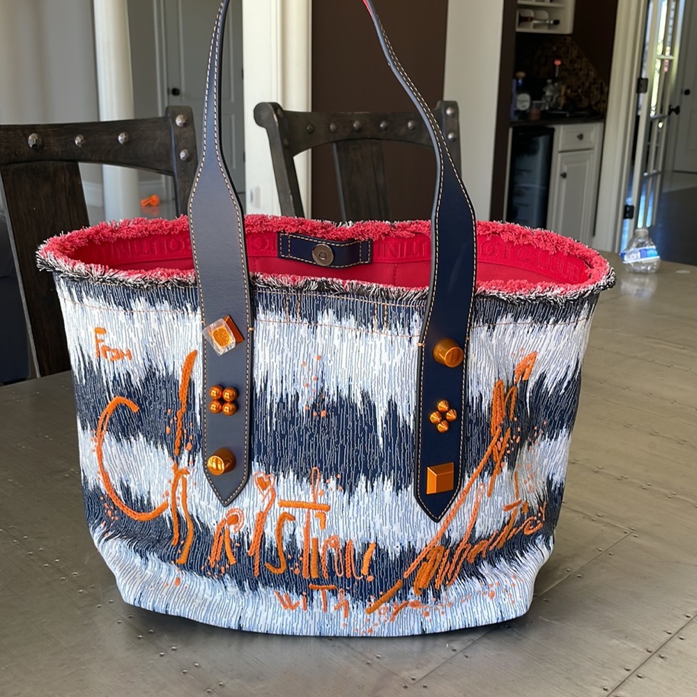 Christian louboutin frangibus tote large denim orange kansai beach bag shopper - Picture 3 of 15